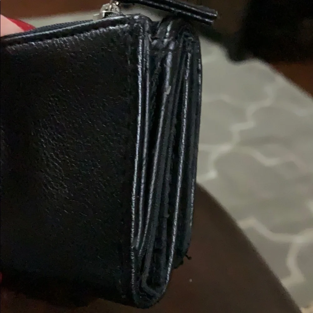 Black faux leather wallet w/fabric on front